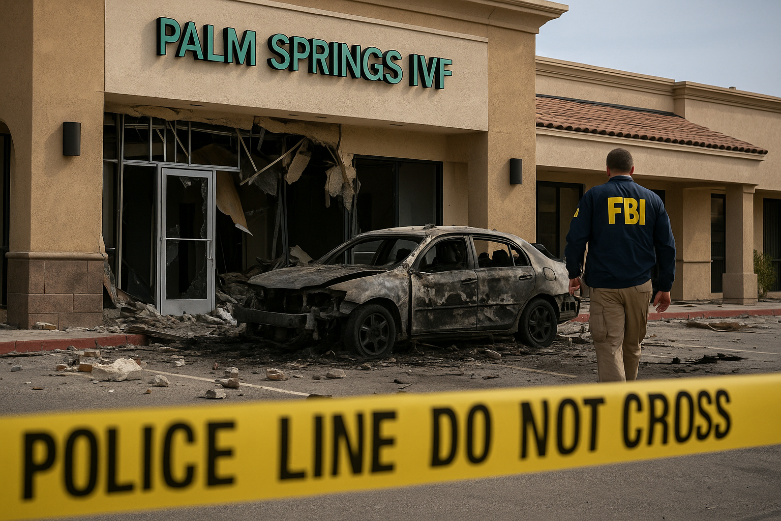 Palm Springs IVF Clinic के बाहर कार बम धमाके का दृश्य – 2025 की घटना, Twentynine Palms में FBI द्वारा संभावित बम की जांच – कैलिफोर्निया 2025