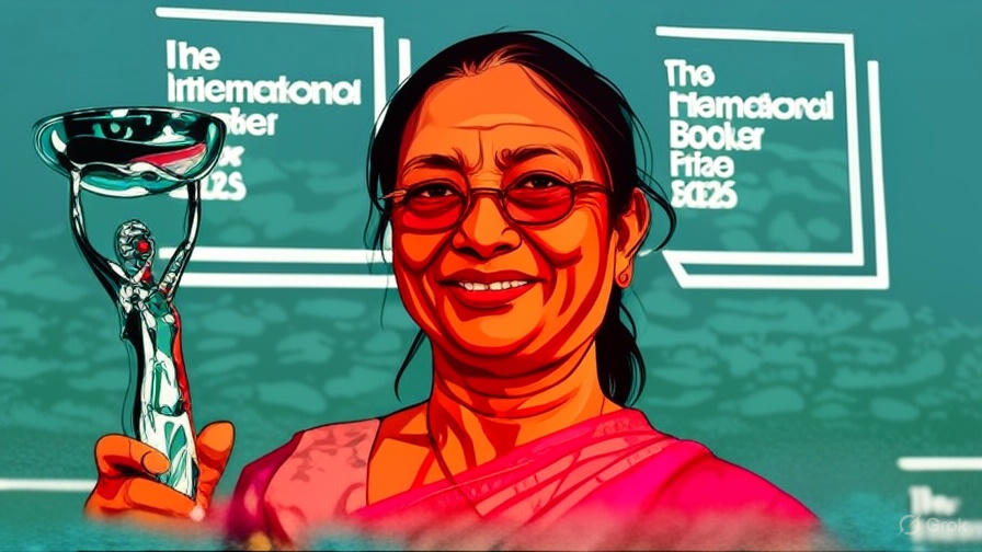 A stylized illustration of a person in a pink saree holding a trophy, with a background featuring text that reads 