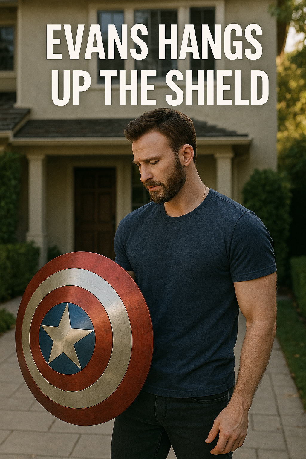 Chris Evans stands solemnly outside a suburban home, holding Captain America's shield in front of him with both hands. He looks down at the shield reflectively, dressed casually in a navy t-shirt and dark jeans. Large white text above reads, 