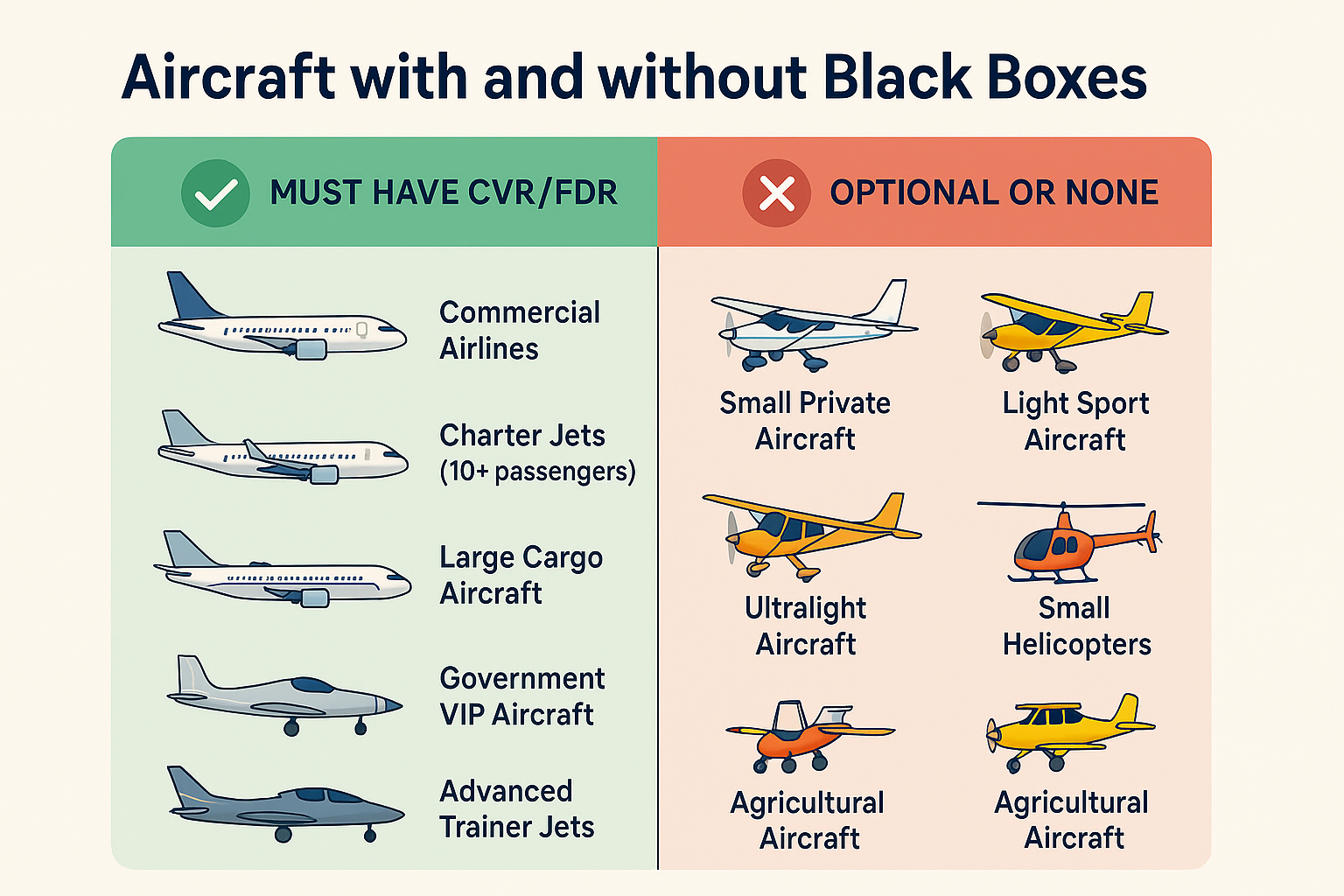 Here, in image types of aircraft, it is shown where black box is mandatory or not, this is displayed