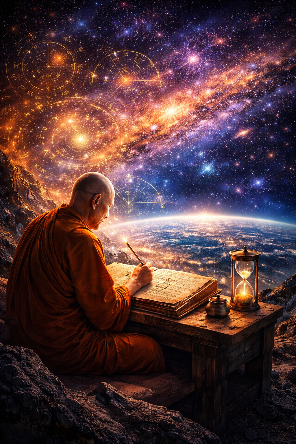 A Buddhist monk writing in an ancient manuscript while overlooking Earth and a vast galaxy, symbolizing time, space, and cosmic knowledge.