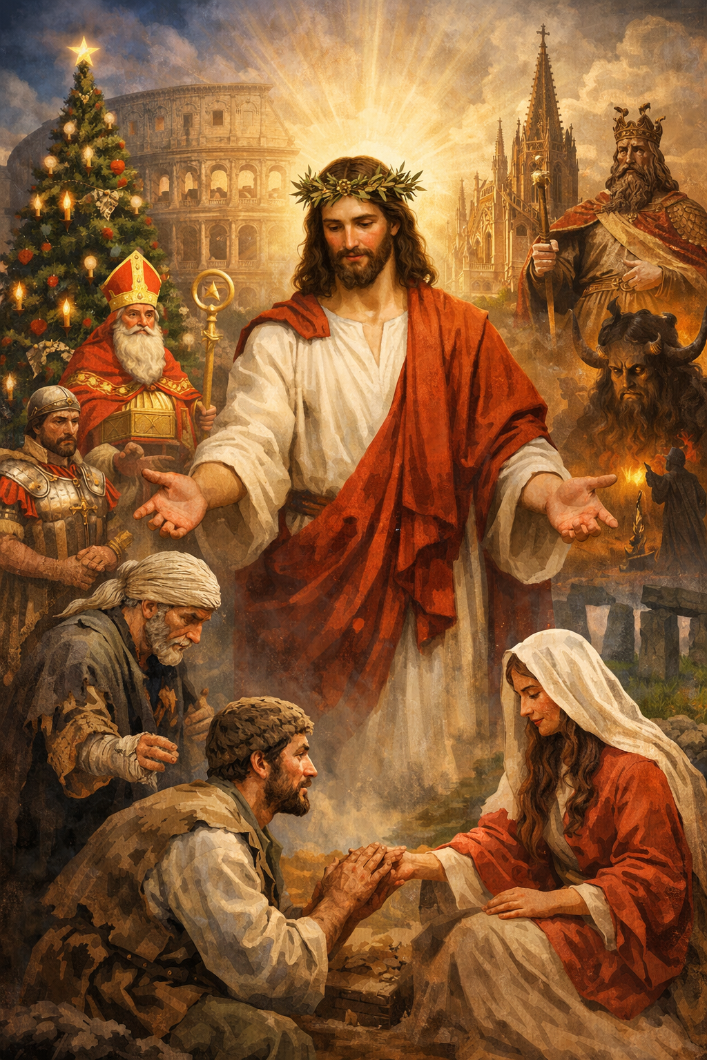 A colorful digital illustration of Jesus symbolizing compassion, surrounded by European cultural elements such as Roman architecture, a Christmas tree, Saint Nicholas, and historical figures, representing the cultural evolution of Christianity.