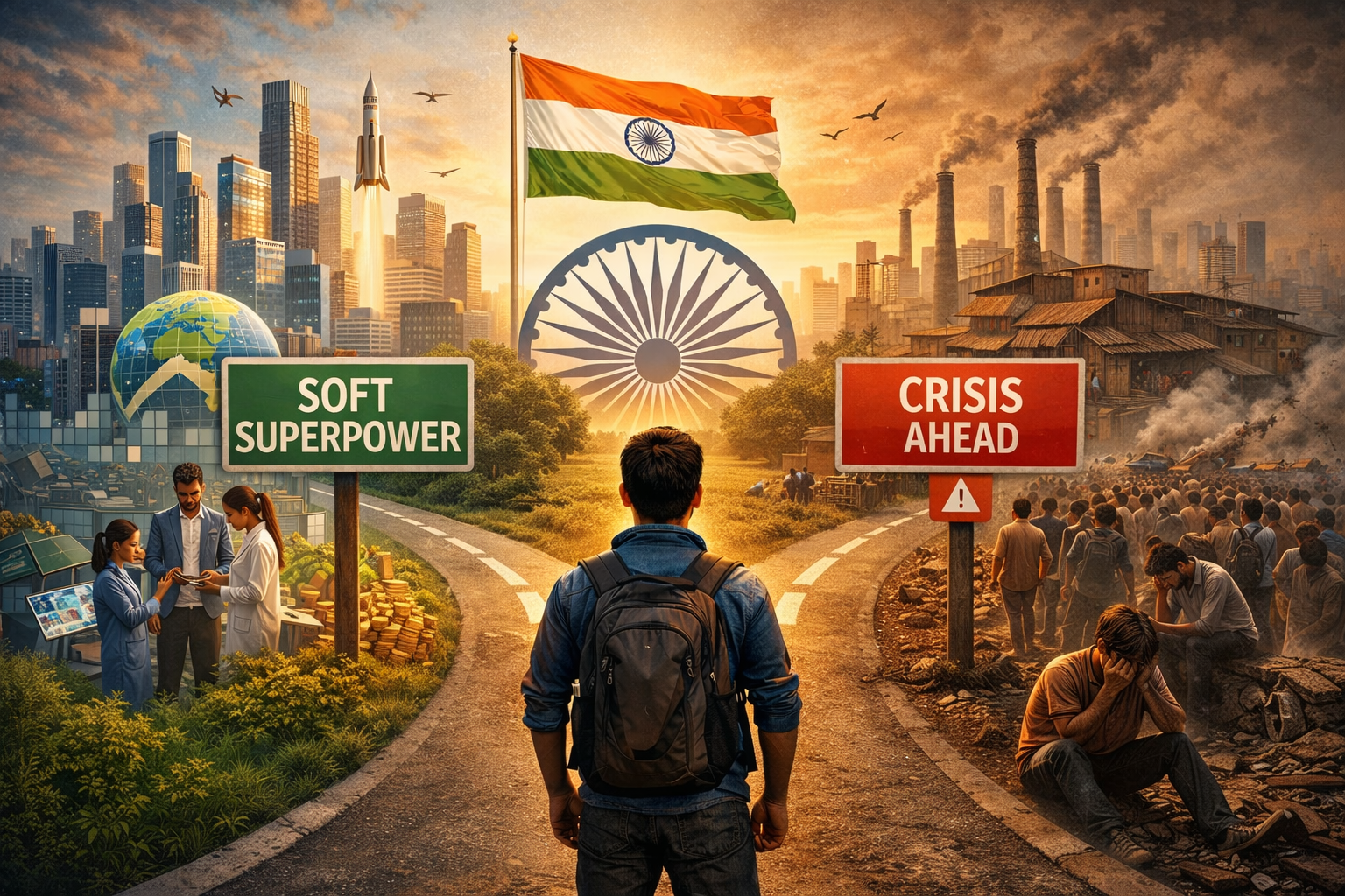 Illustration showing India at a demographic crossroads, with a young population choosing between economic growth and crisis caused by unemployment and pollution.