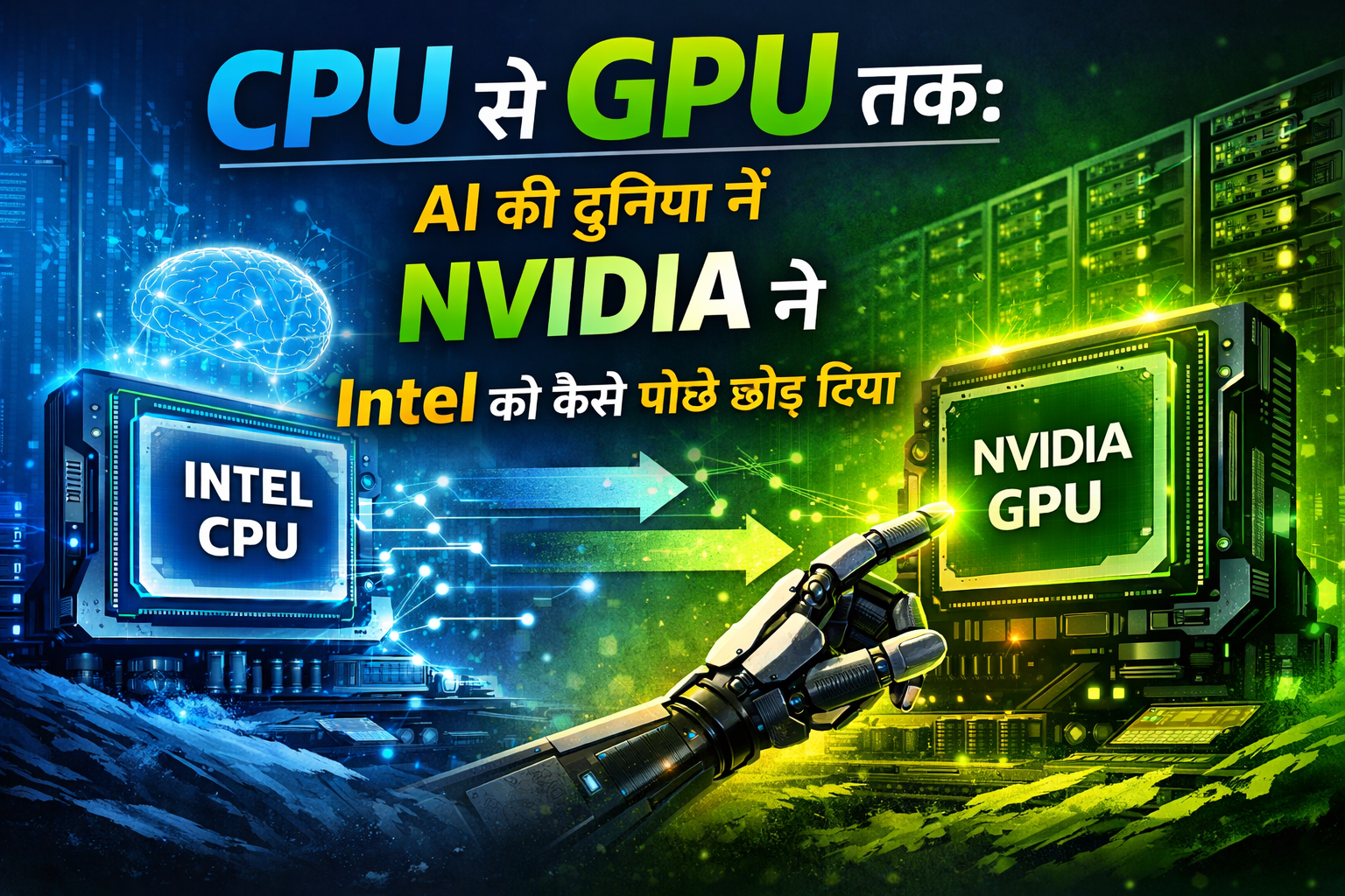 CPU से GPU तक का सफर दिखाती इमेज जिसमें NVIDIA GPU और Intel CPU के बीच AI तकनीक की तुलना दिखाई गई है
