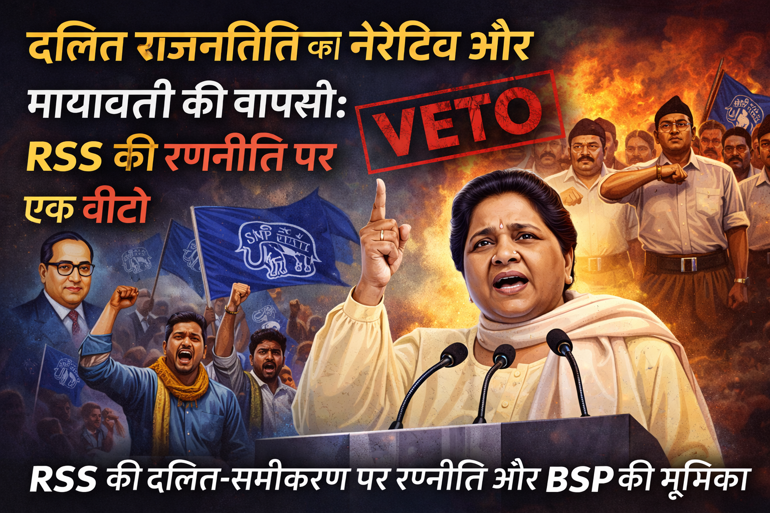 दलित राजनीति में मायावती की वापसी को दिखाती इमेज जिसमें RSS की रणनीति के खिलाफ वीटो का प्रतीक दिखाया गया है