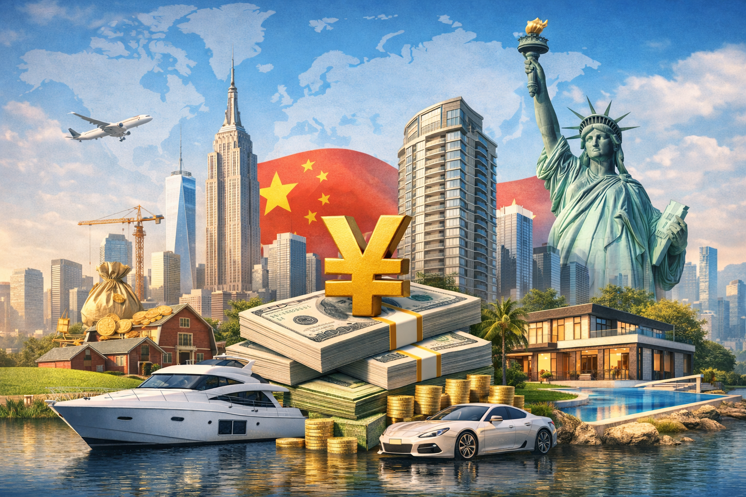 Crazy Rich Asians: चीन की Wealth और America में Perception बदलती दुनिया 22 Illustration of Chinese wealth in America showing skyscrapers, luxury homes, yachts, cars, and stacks of money, reflecting the “Crazy Rich Asians” perception globally.