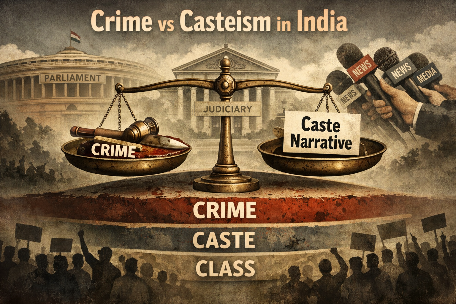 Crime vs Casteism in India | हर अपराध जातीय अत्याचार नहीं होता | State, Media और Narrative Politics 20 Illustration showing balance between crime and caste narrative in India with judiciary, parliament, media and public protests