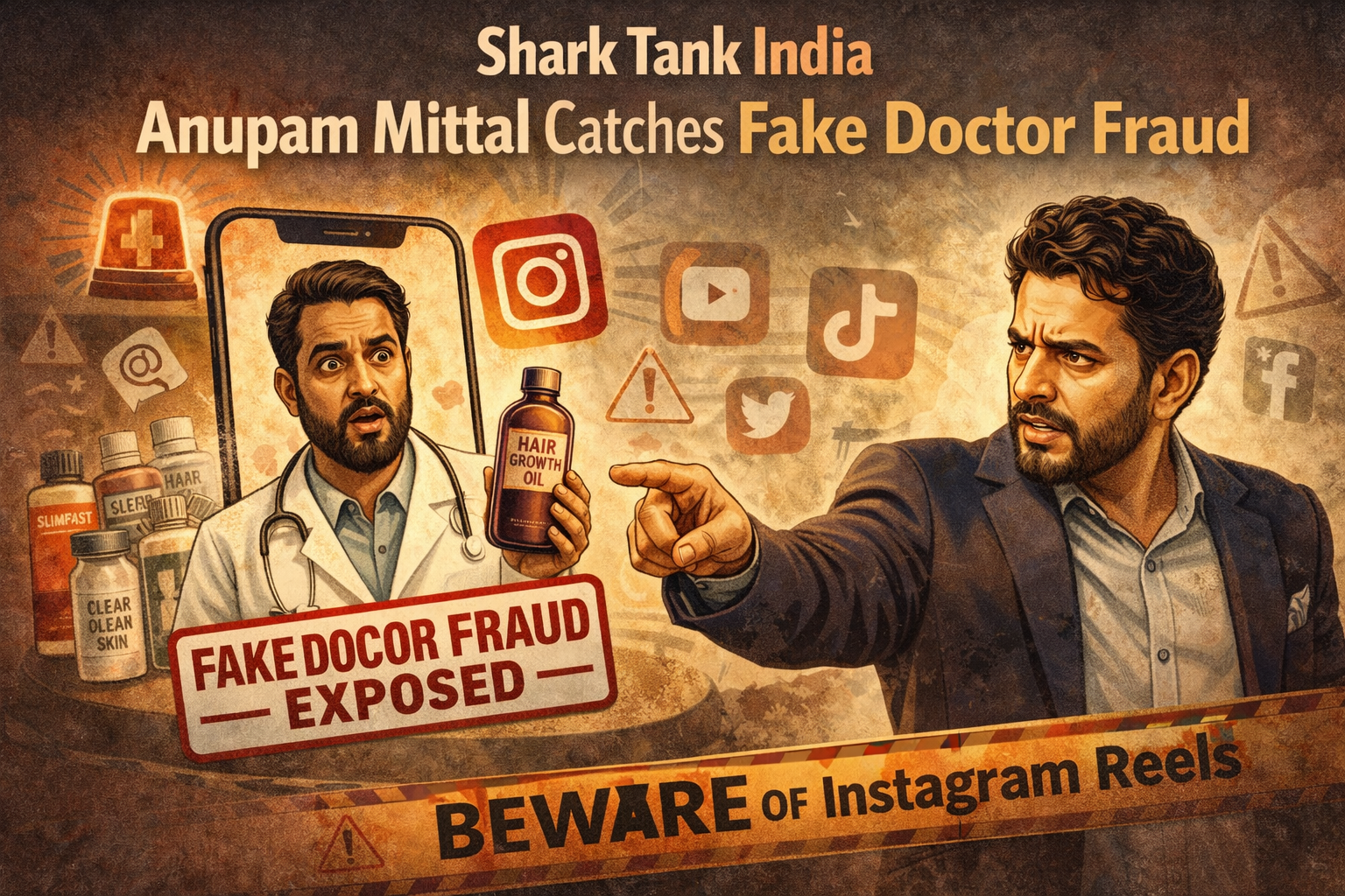 Shark Tank India: Anupam Mittal की Sharp Presence of Mind फिर दिखी 19 Editorial illustration showing Shark Tank India discussion on wellness products promoted on social media platforms