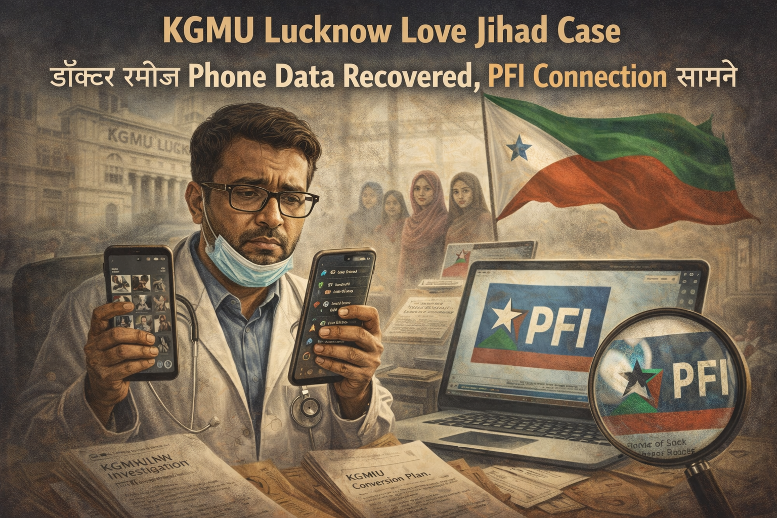 KGMU Lucknow Love Jihad Case | डॉक्टर रमीज Phone Data Recovered, PFI Connection सामने 18 Digital news-style illustration of Dr. Rameez reviewing phone data in KGMU Lucknow Love Jihad case with PFI connection documents