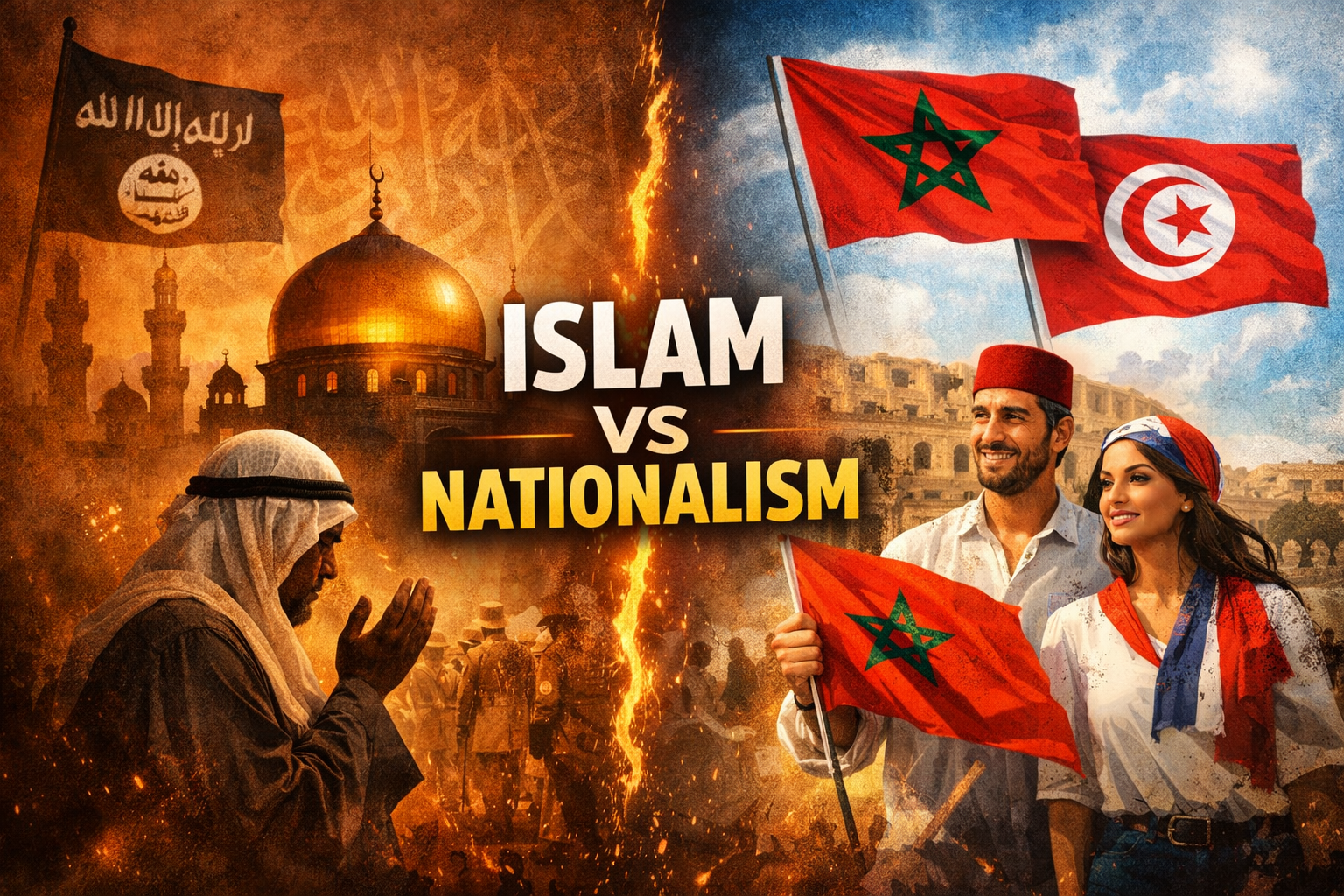 Islam Beyond Arabia: Morocco–Tunisia का Model | Culture, Nationalism और Muslim World 16 Illustration showing Islam versus nationalism with religious symbols on one side and Moroccan and Tunisian national identity on the other