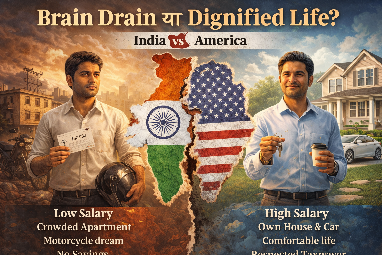 Brain Drain या Dignified Life? Why Indians Still Choose America | भारत की सच्चाई 22 Illustration showing Indian engineer in crowded apartment with low salary on the left and same engineer in USA with house, car, high salary, and respected lifestyle on the right.