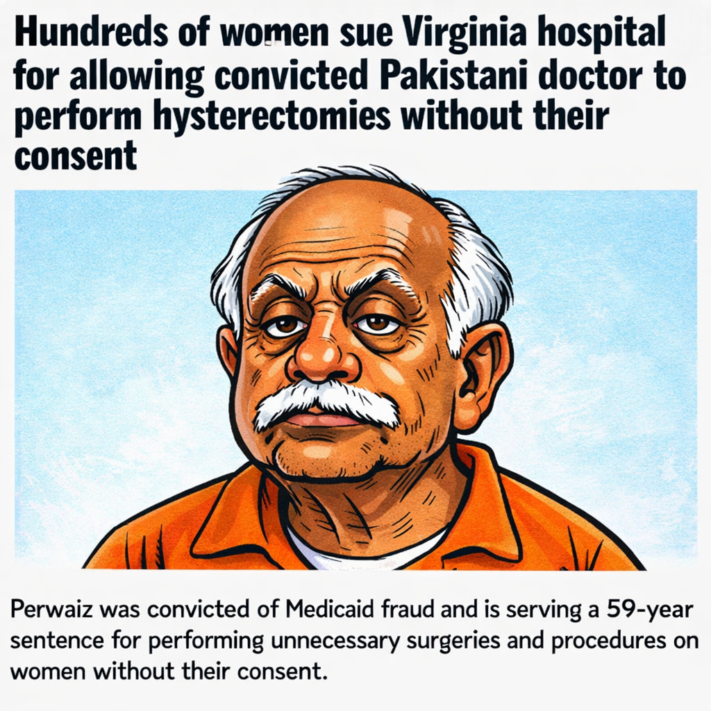 The Virginia Case That Shook Trust in Medicine | Pakistani doctor Javed Parvez 21 Cartoon illustration of a convicted Pakistani doctor linked to unauthorized hysterectomies at a Virginia hospital