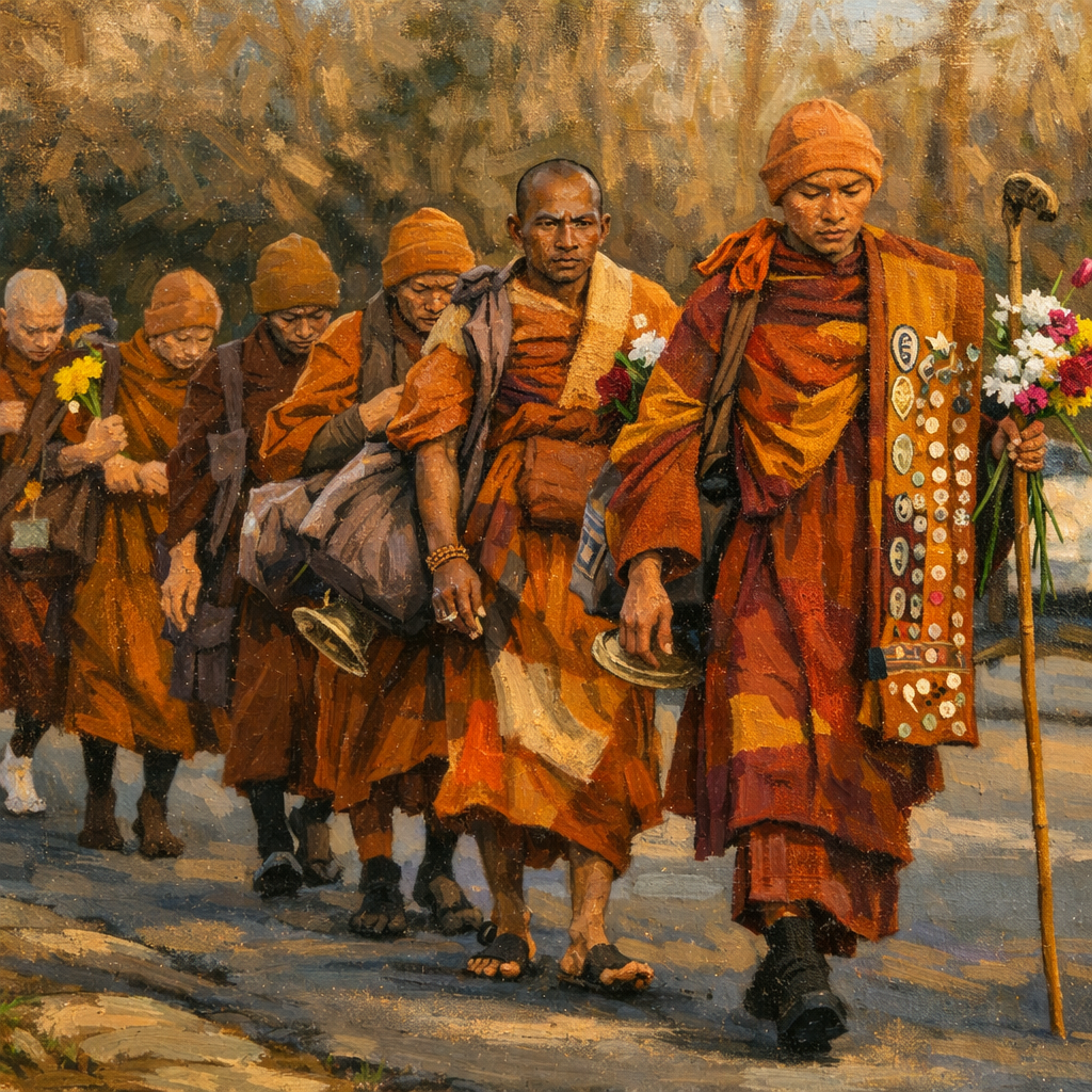 Buddhist Monks Walk 3,750 km for Peace Across America | Silent Compassion March 20 Oil painting of Buddhist monks walking for peace during a spiritual march in the United States