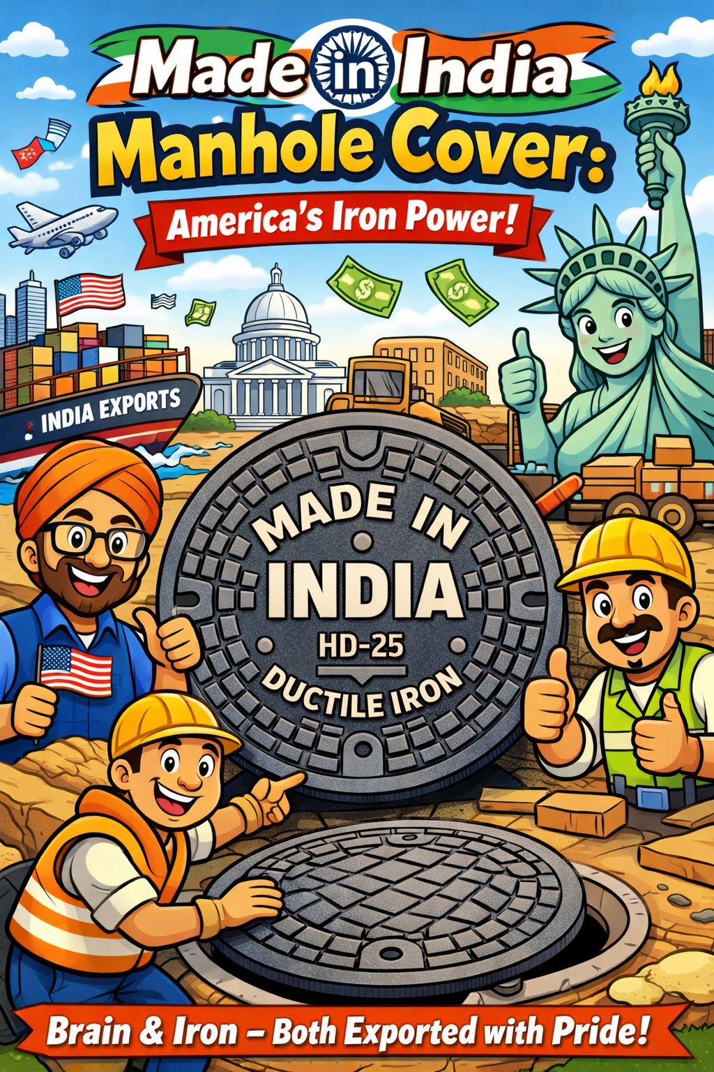 Made in India Manhole Cover: America की सड़कों के नीचे भारत की Iron Power 19 Made in India manhole cover cartoon image showing Indian manufacturing power in American infrastructure