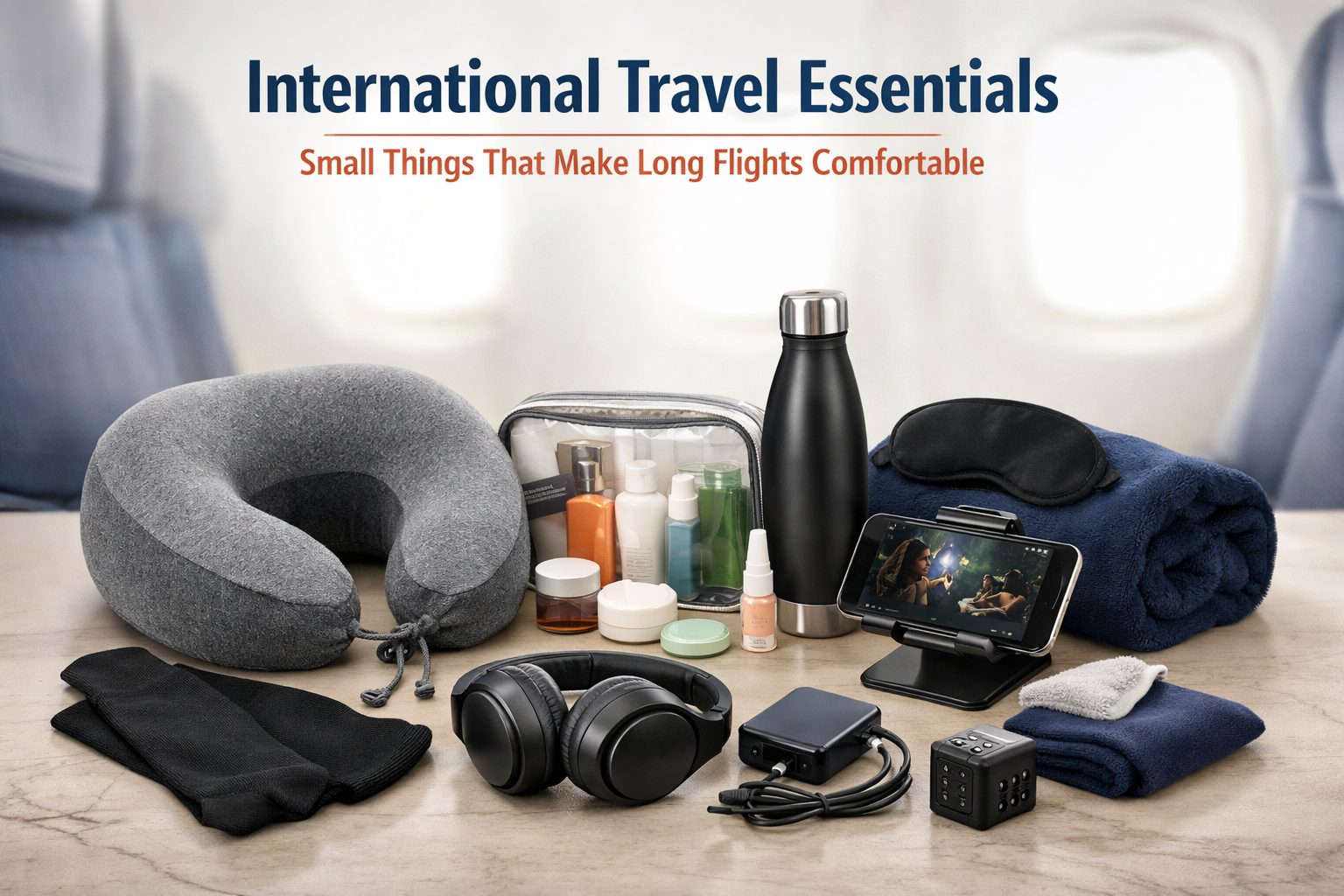International Travel Essentials: Small Things That Make Long Flights Comfortable 18 International travel essentials including neck pillow, noise-cancelling headphones, compression socks, reusable water bottle, toiletry kit, power bank, and tablet stand on an airplane seat