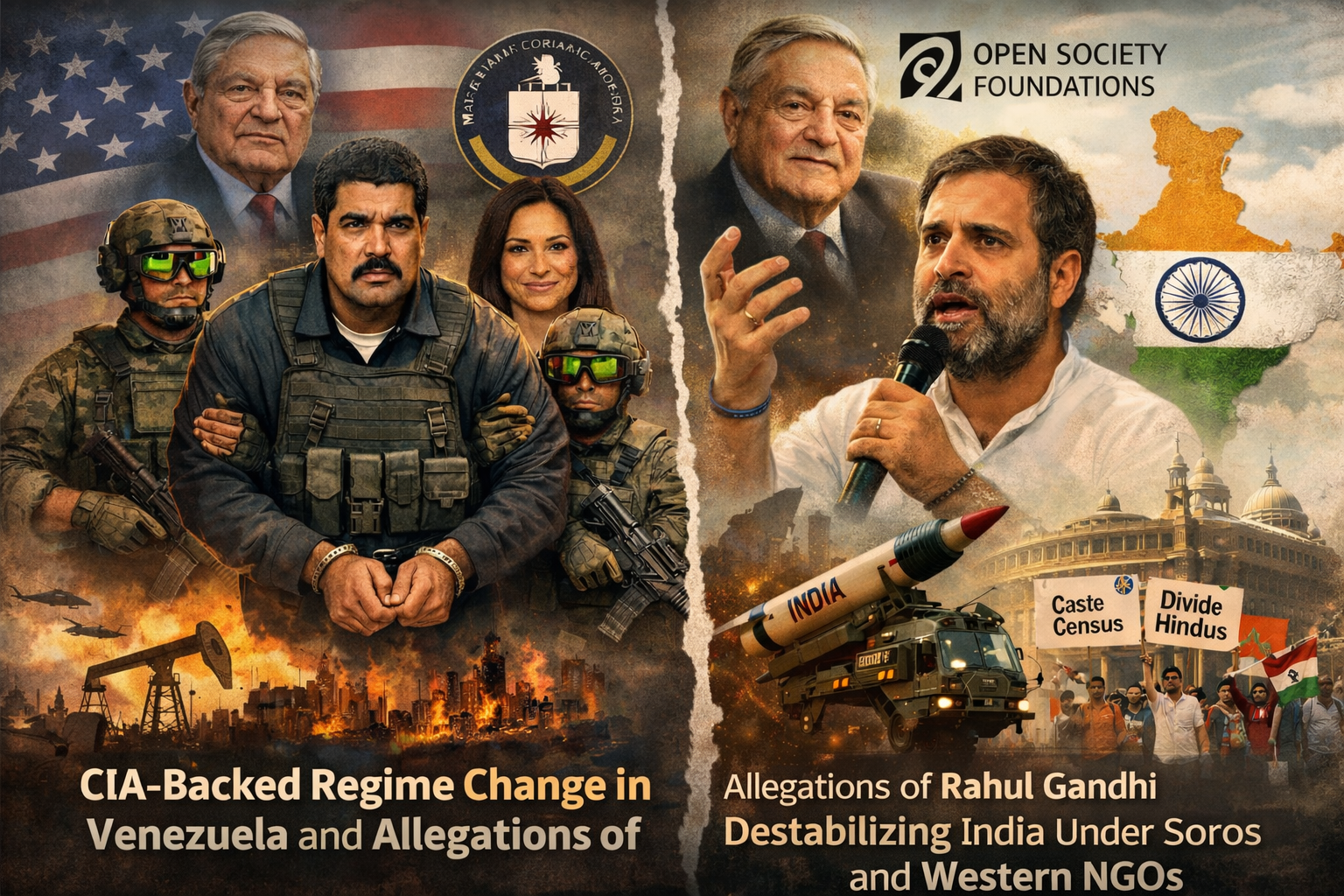 Digital illustration comparing CIA-backed regime change in Venezuela with allegations of Rahul Gandhi destabilizing India, showing Nicolás Maduro, María Corina Machado, Rahul Gandhi, and George Soros.