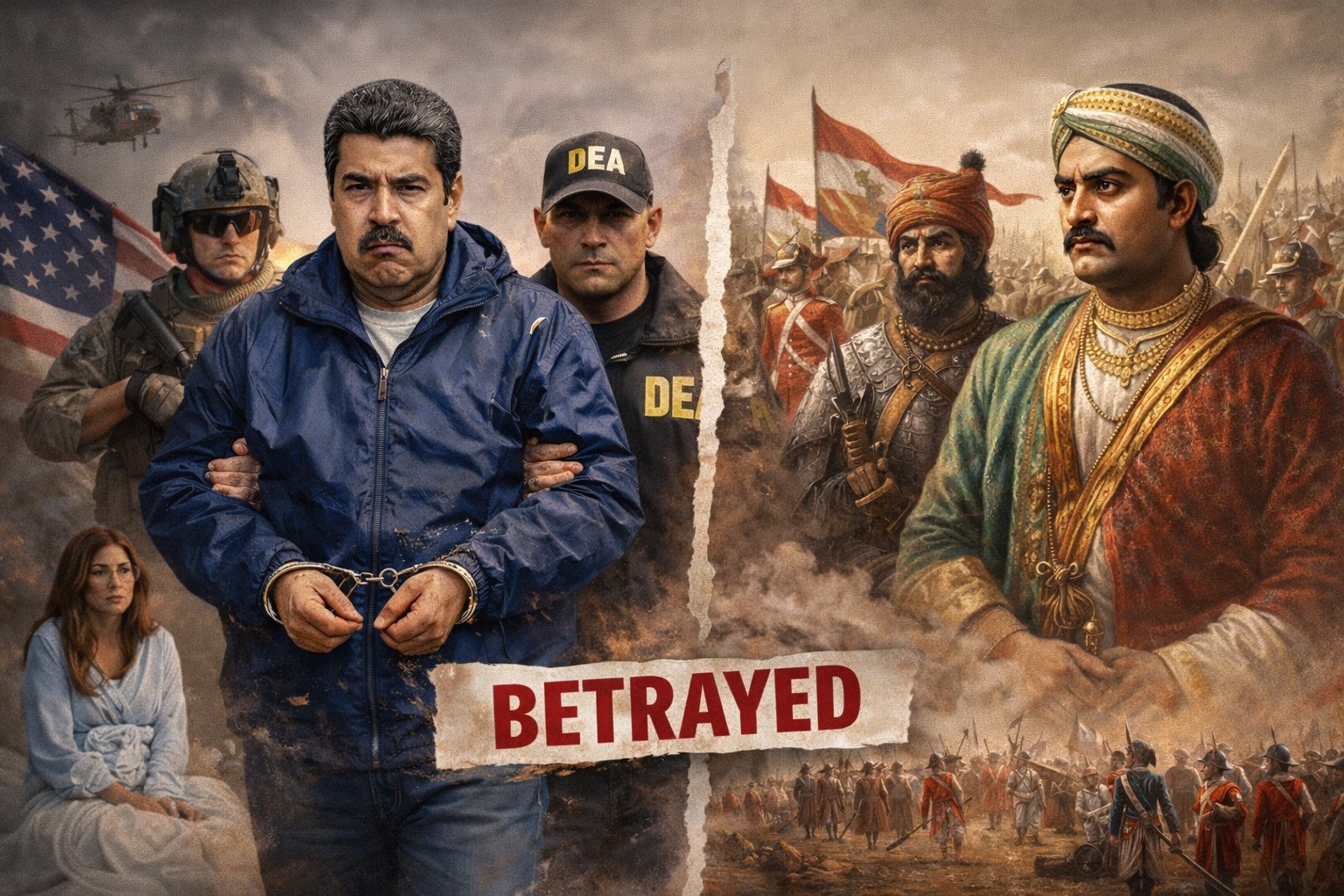 Maduro arrest compared with Battle of Plassey showing leaders abandoned by their own armies