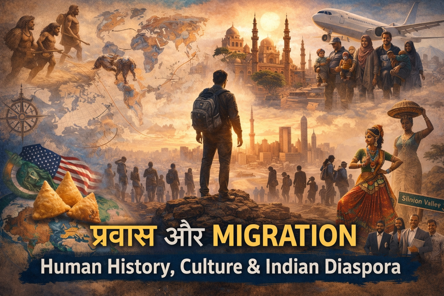 Illustration showing migration and Indian diaspora highlighting human history cultural exchange and global movement