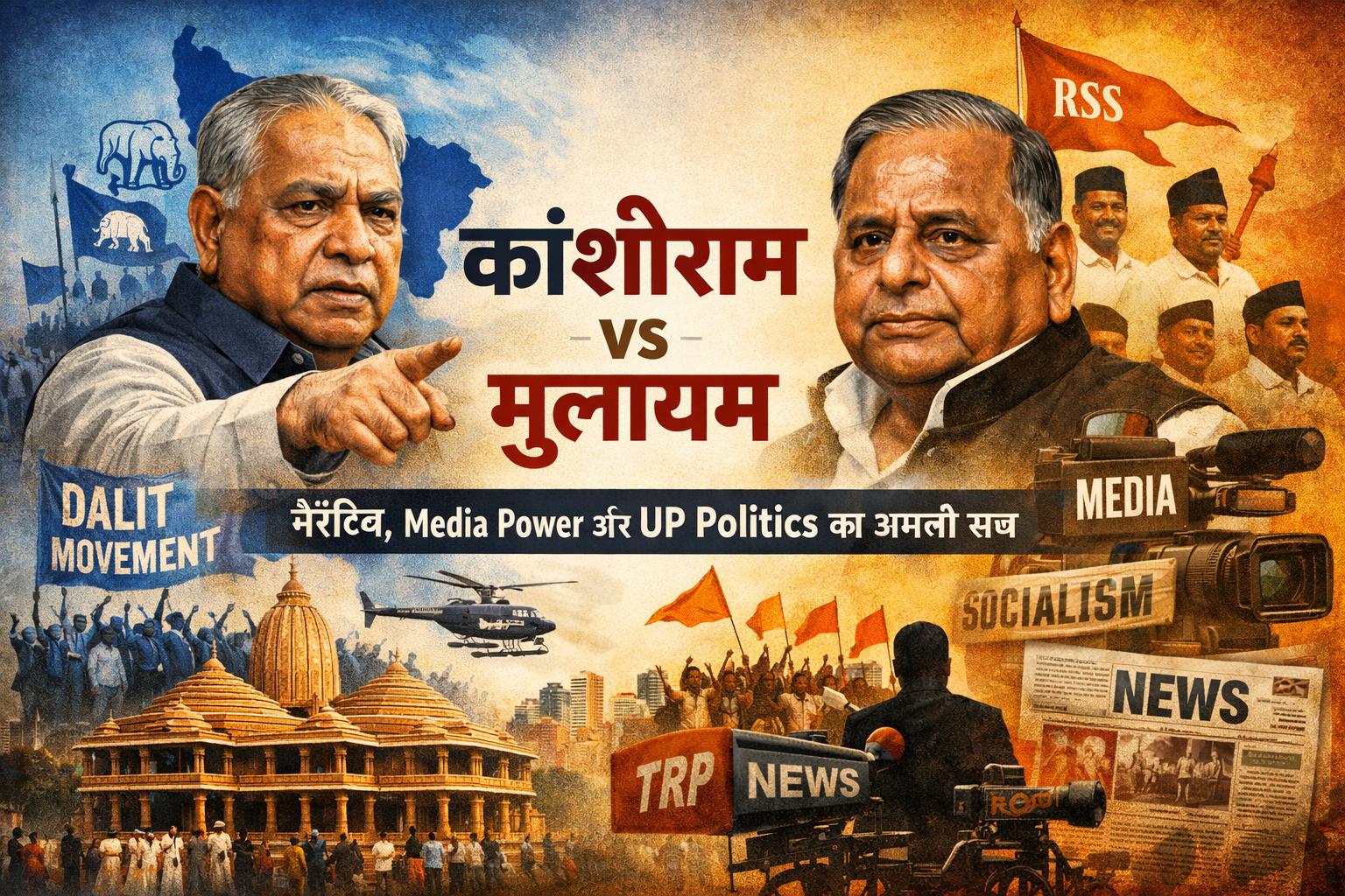 Kanshiram vs Mulayam Singh Yadav illustration showing Dalit movement, media narrative, RSS influence and Uttar Pradesh politics