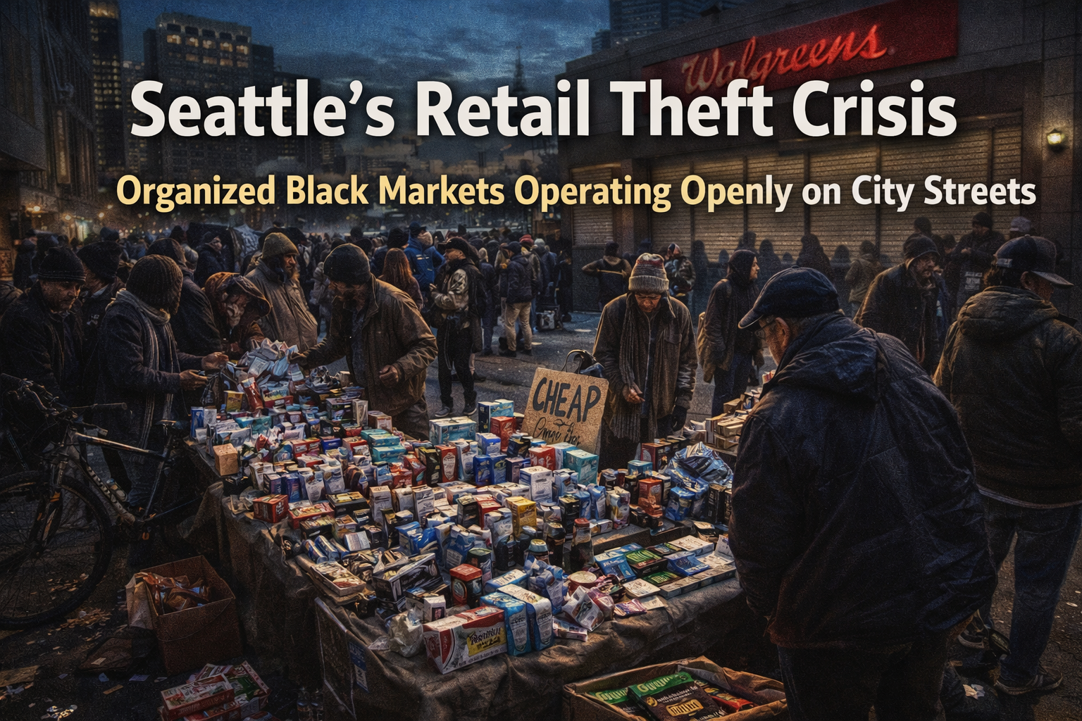 Open black market outside Walgreens in Seattle showing stolen retail goods being sold openly amid rising retail theft and urban crime