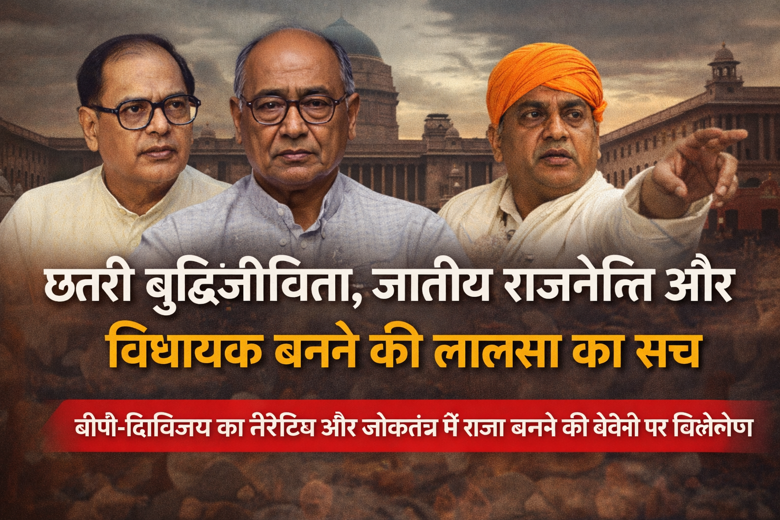 खुली हिंदी पुस्तक जिसमें छतरी बुद्धिजीविता, जातीय राजनीति और प्रमुख नेताओं जैसे वीपी सिंह और दिग्विजय सिंह पर चर्चा, साथ में बोल्ड हिंदी टेक्स्ट “छतरी बुद्धिजीविता, जातीय राजनीति और विधायक बनने की लालसा का सच”