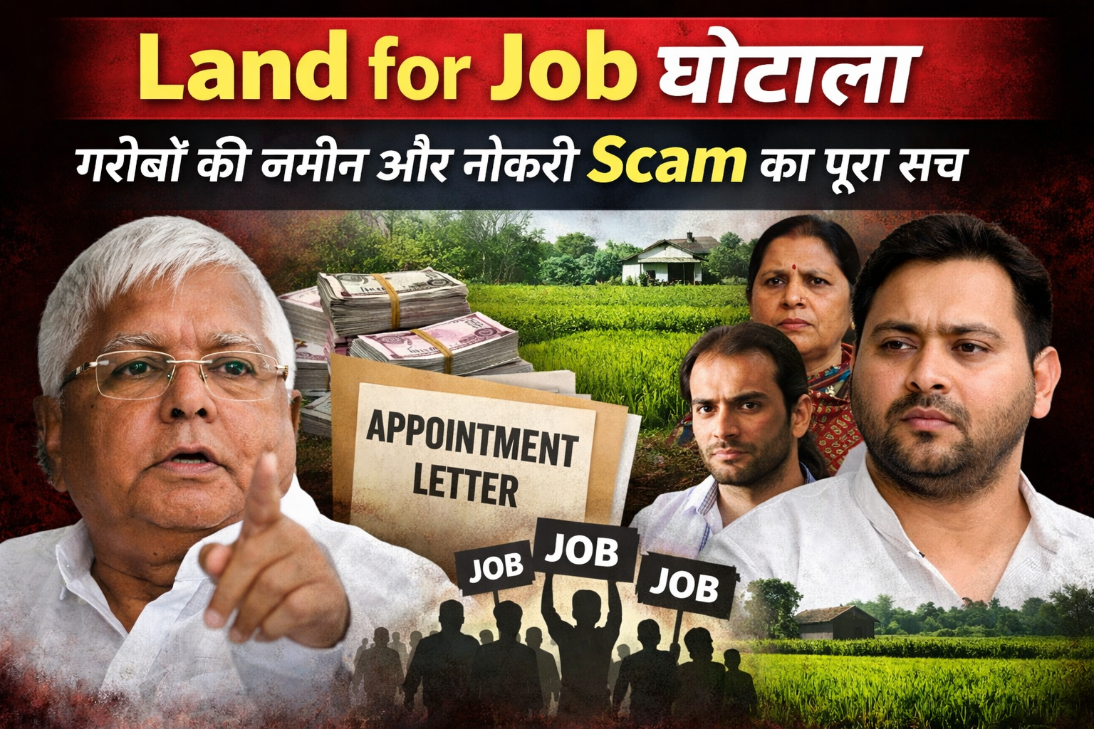 Land for Job घोटाला image showing job scam, गरीबों की जमीन, appointment letter और लालू प्रसाद यादव पर लगे आरोप