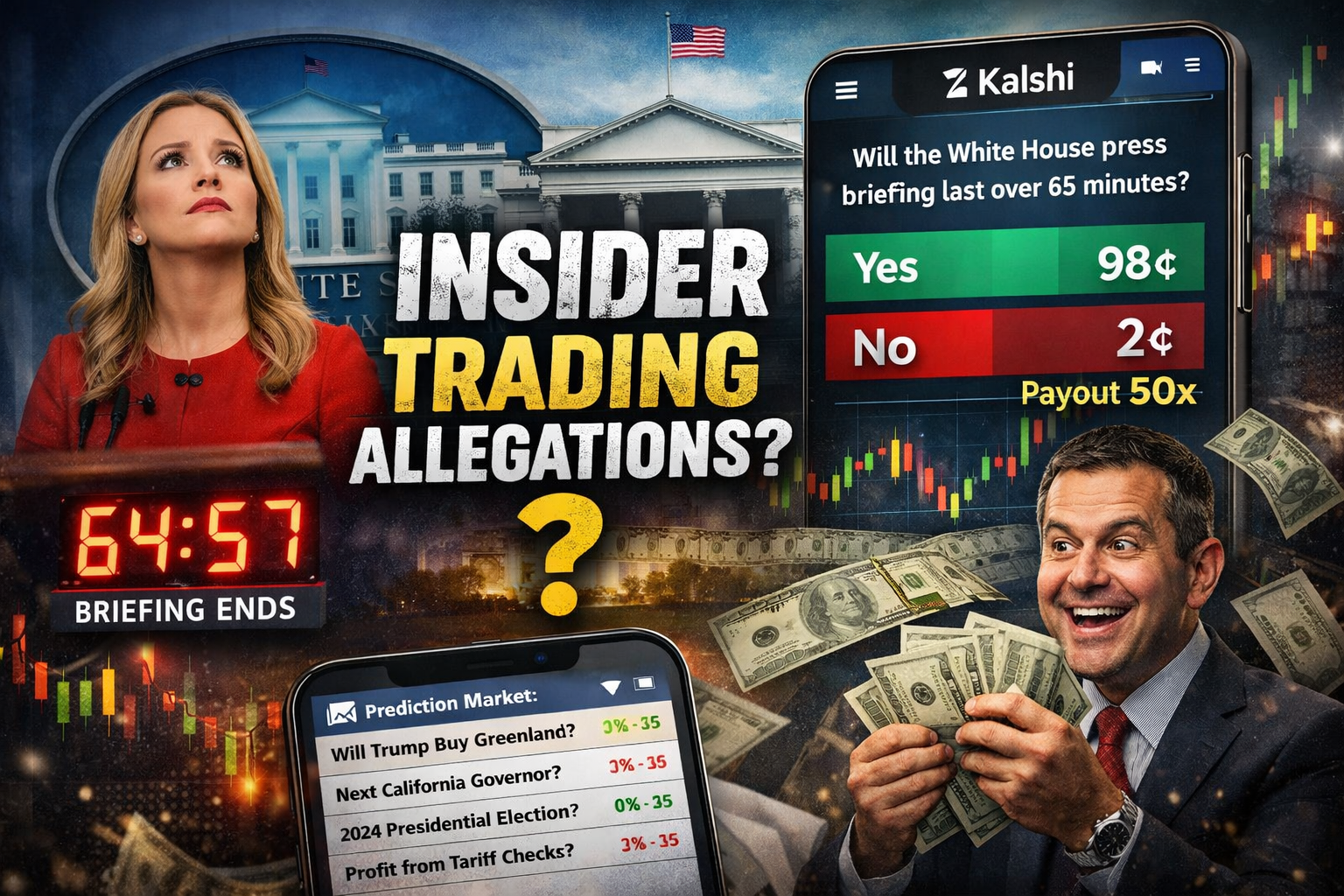 US Betting Market Shock: White House 65-Minute Briefing, Kalshi Bet & Insider Trading Buzz 24 White House Press Secretary Karoline Leavitt glances at a clock showing 64:57 as Kalshi prediction market displays odds on the briefing lasting over 65 minutes, while a trader celebrates 50x payout, highlighting insider trading allegations.