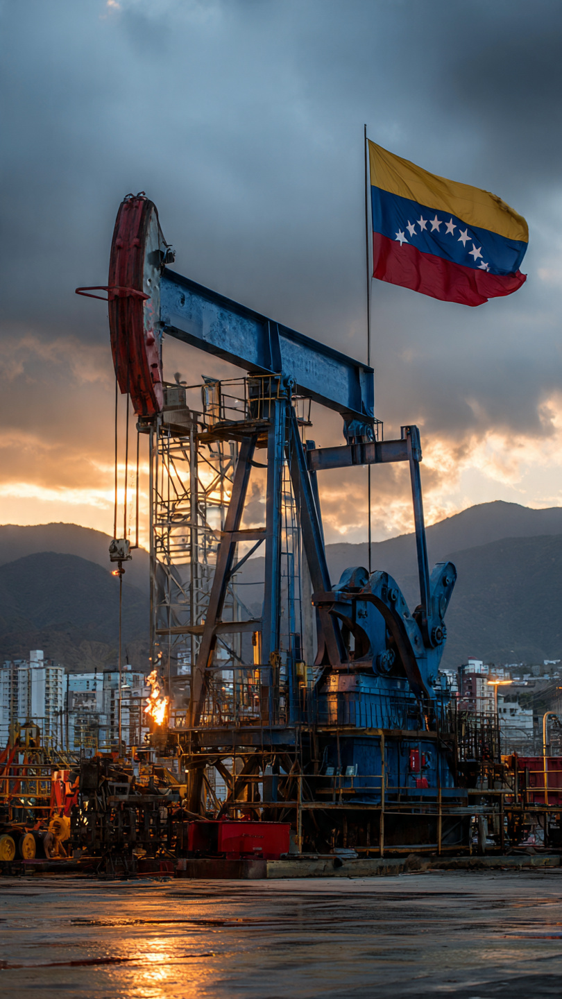 Venezuelan oil pumpjack extracting fossil fuel with the national flag waving at sunset, showing industrial infrastructure and mountains in the background.