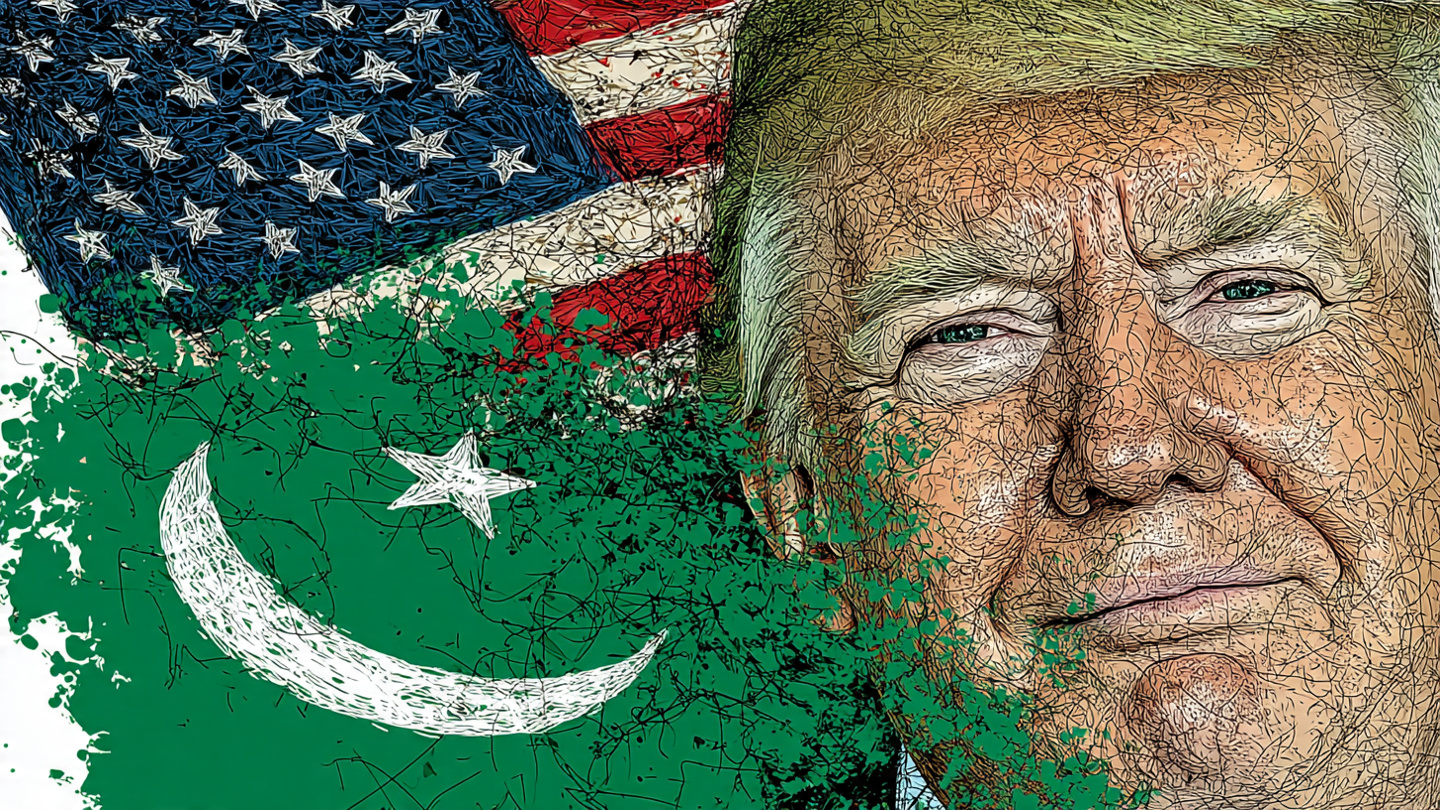 Illustration showing Donald Trump merged with US and Pakistan flags symbolizing Pakistan lobbying influence in American power corridors