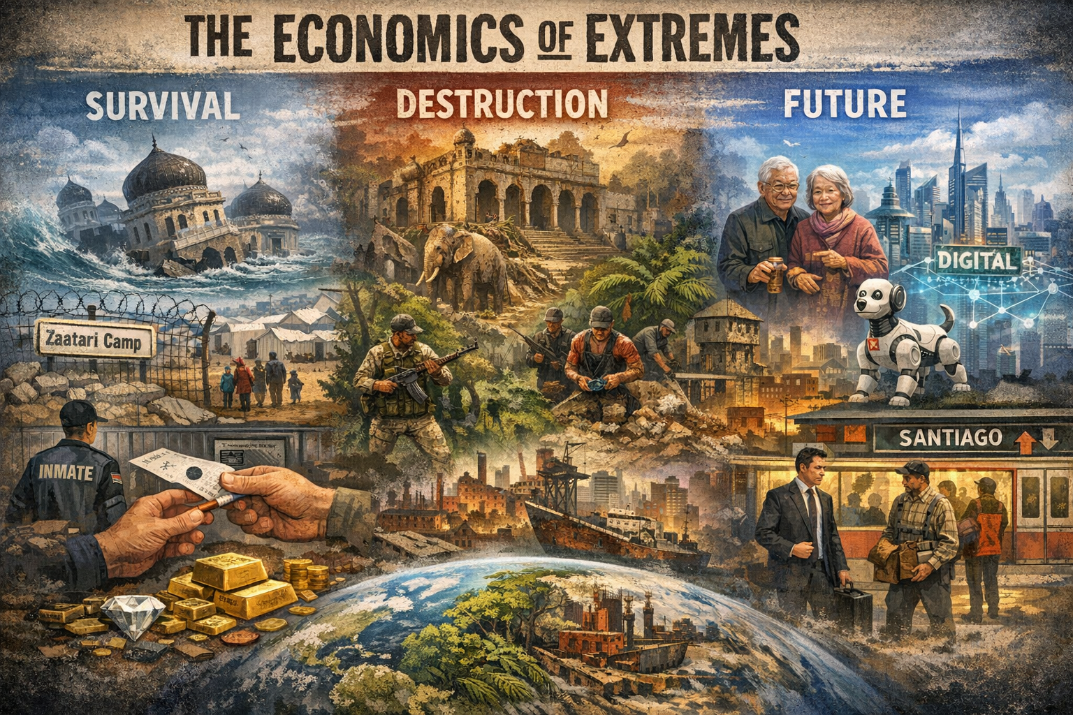 Why Some Disasters Make Countries Richer — And Prosperity Destroys Nations 6 Digital illustration showing global economic extremes: survival in disasters and refugee camps, destruction in decayed cities and conflict zones, and the future of digital society and wealth inequality.