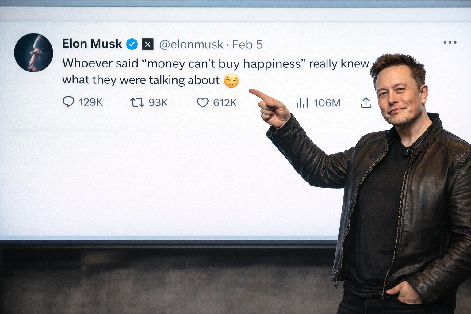 Elon Musk standing and pointing at his tweet about money and happiness