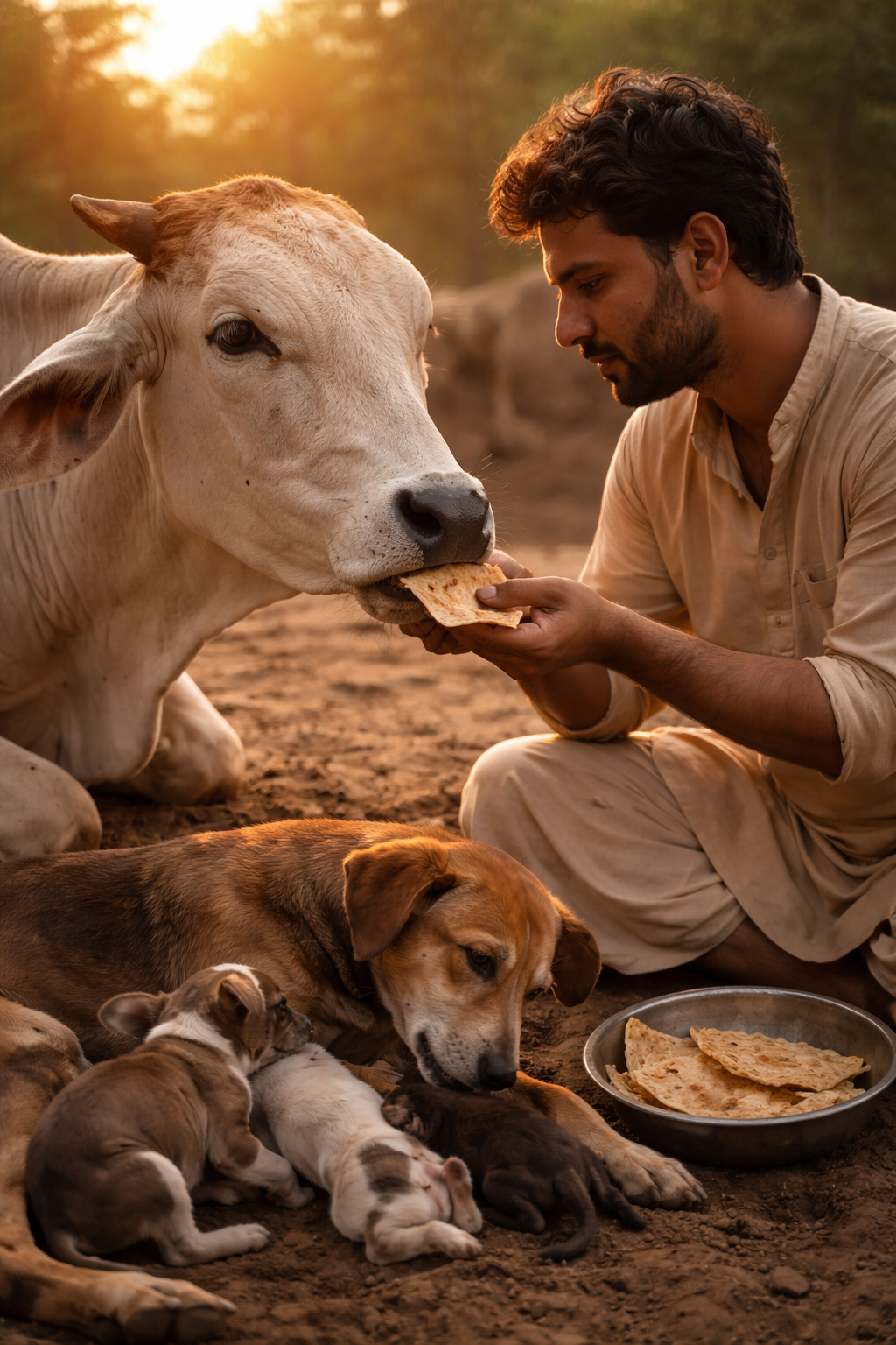 एक भावुक और यथार्थवादी दृश्य जिसमें एक भारतीय युवक अपने हाथों से गाय को रोटी खिला रहा है। पास में एक कुतिया अपने बच्चों के साथ लेटी है। सूर्यास्त की सुनहरी रोशनी पूरे दृश्य को करुणा, अपनापन और इंसानियत से भर रही है।