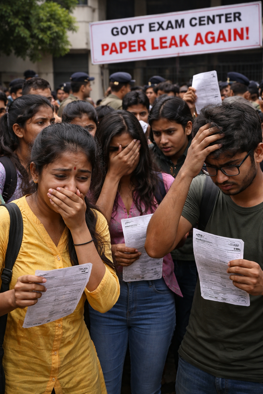 Distraught students outside an exam center after a paper leak.