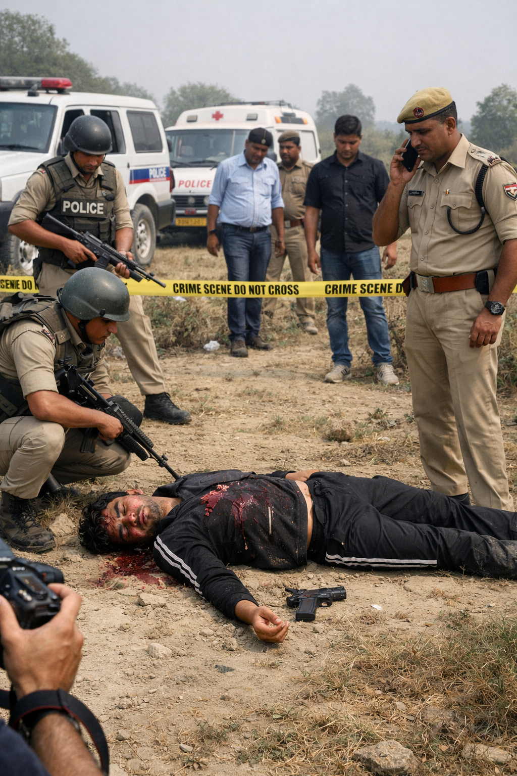 UP Police officers at an encounter scene involving accused Asad in soorya murder case.
