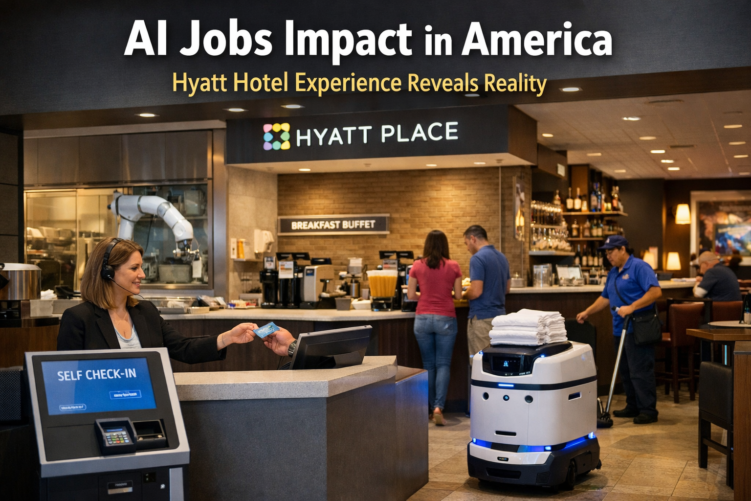 AI and automation reducing workforce in a modern American hotel.